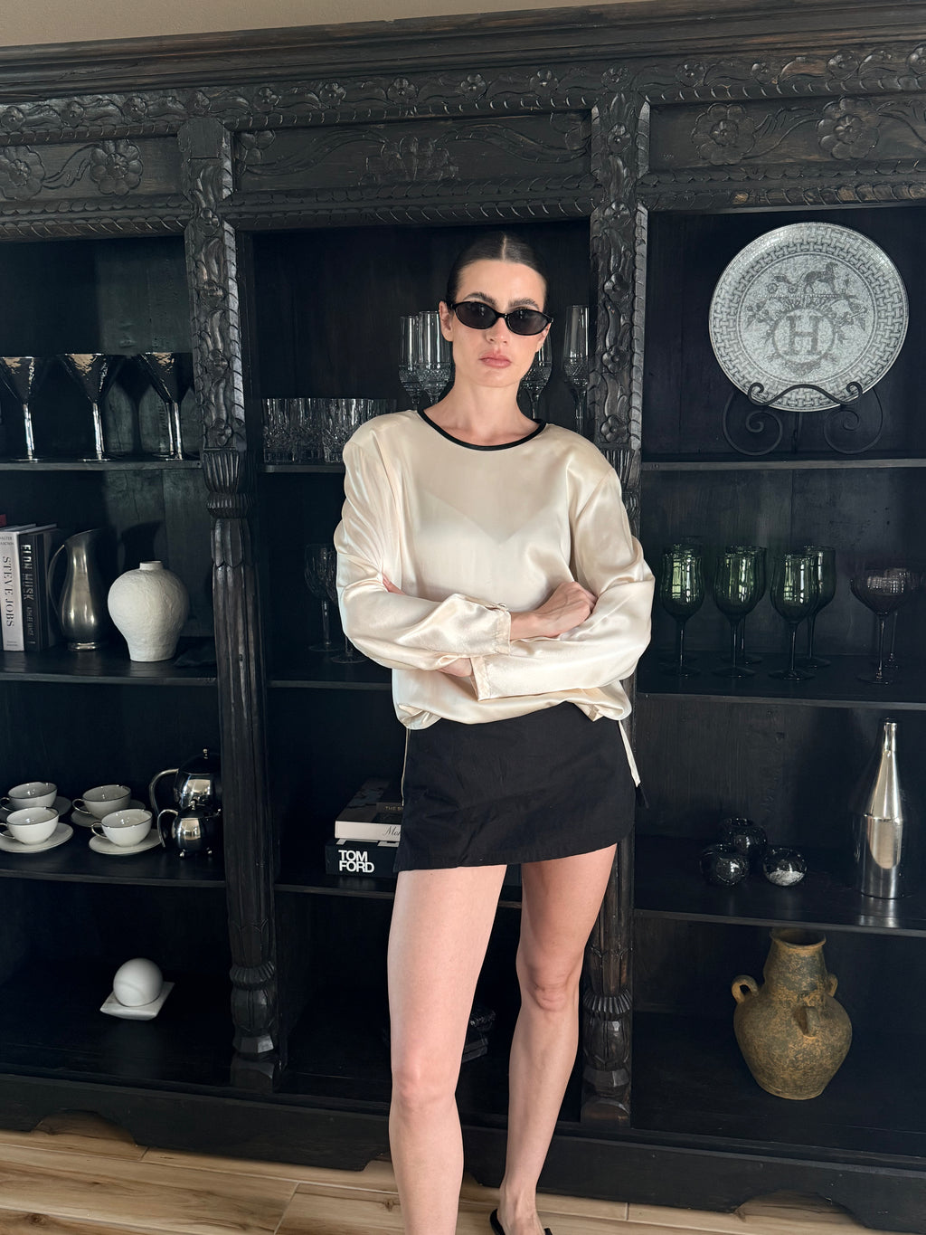 Ivory 100% Silk blouse with Black Detail Trim