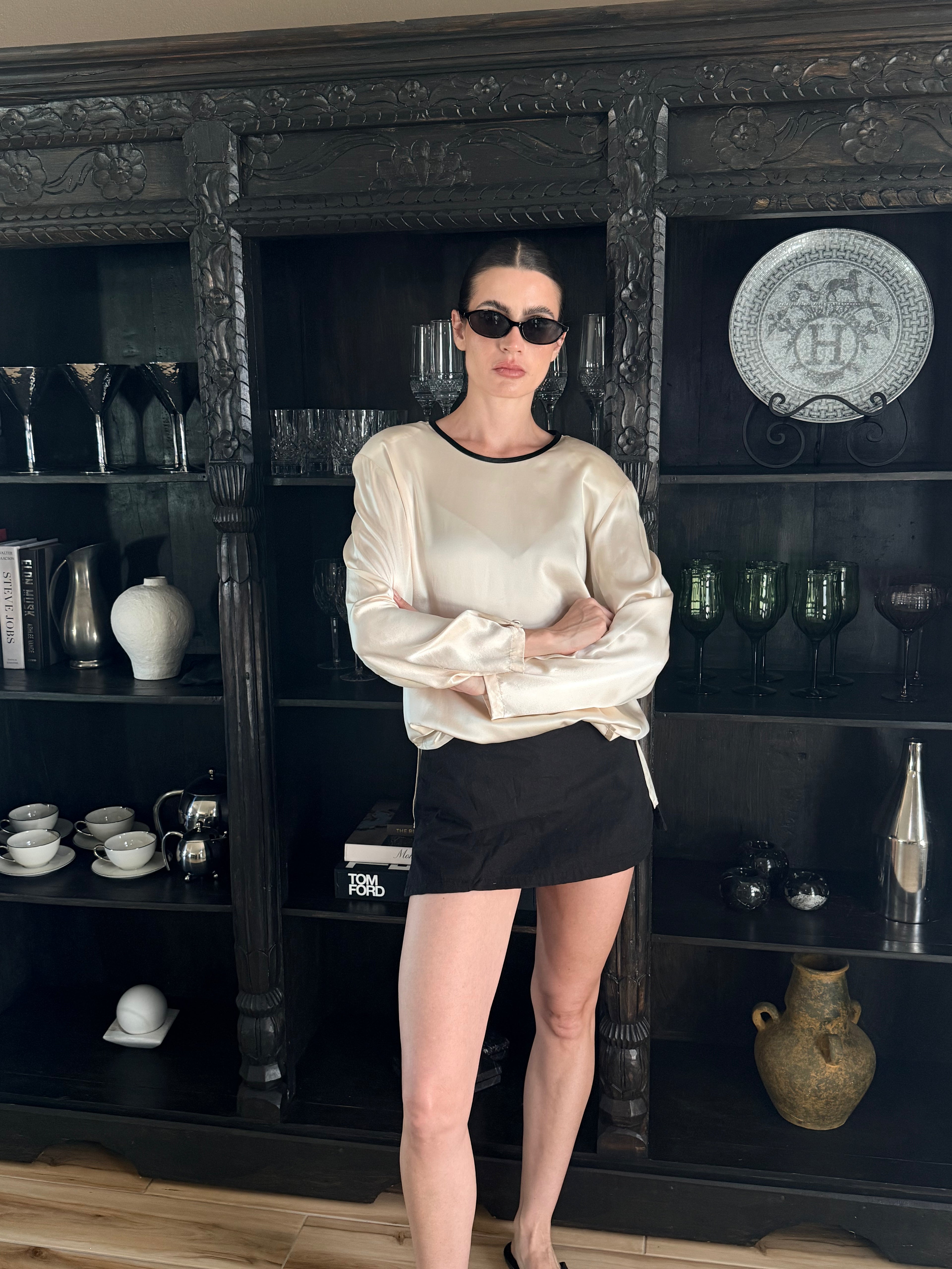 Ivory 100% Silk blouse with Black Detail Trim