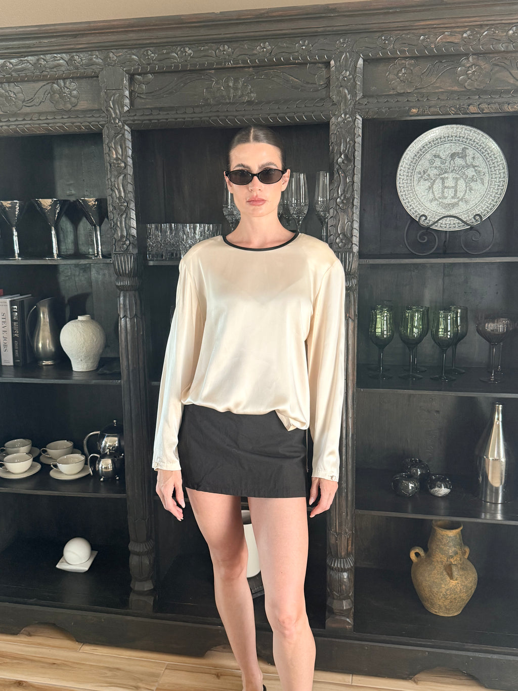 Ivory 100% Silk blouse with Black Detail Trim