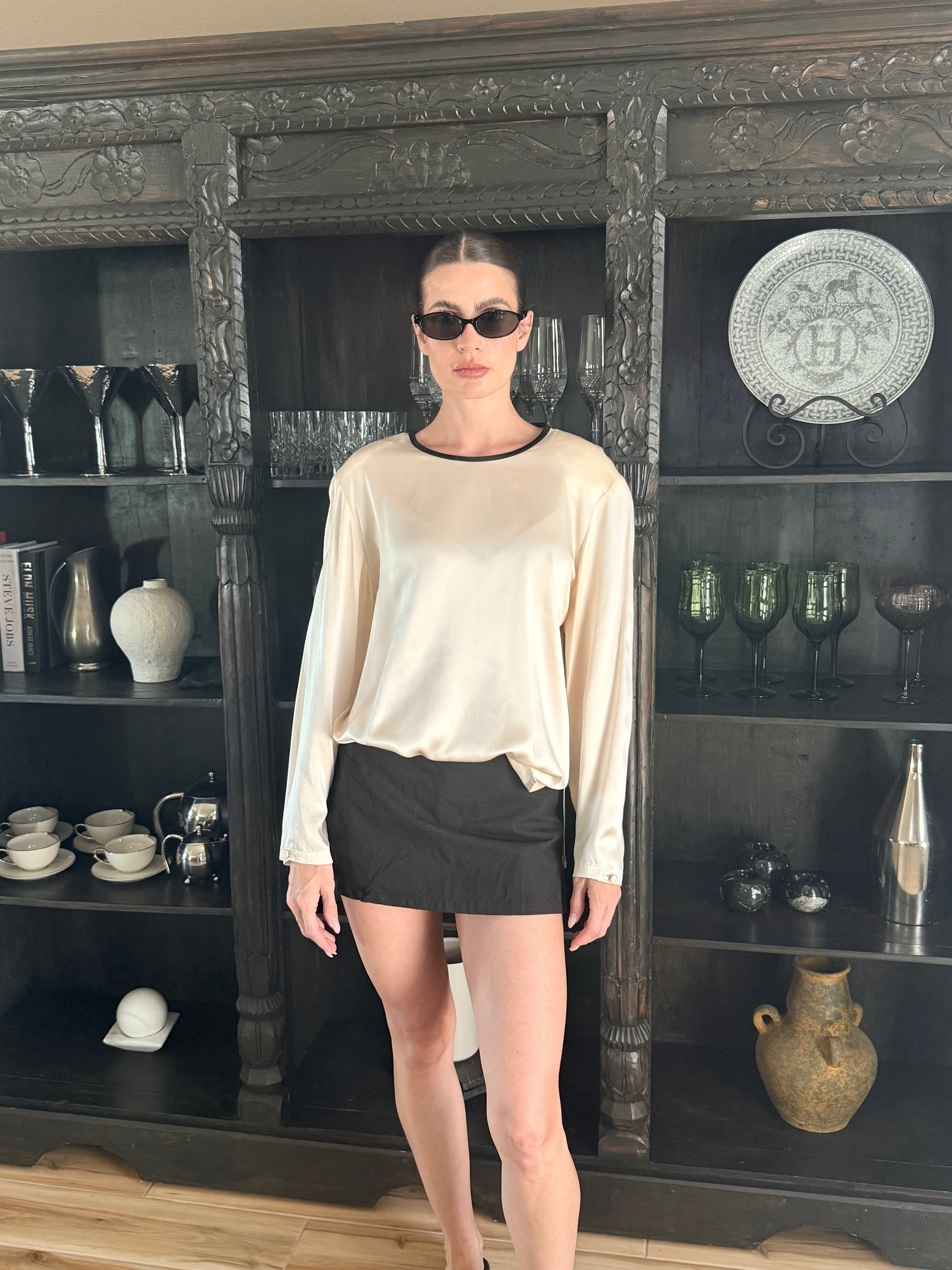 Ivory 100% Silk blouse with Black Detail Trim