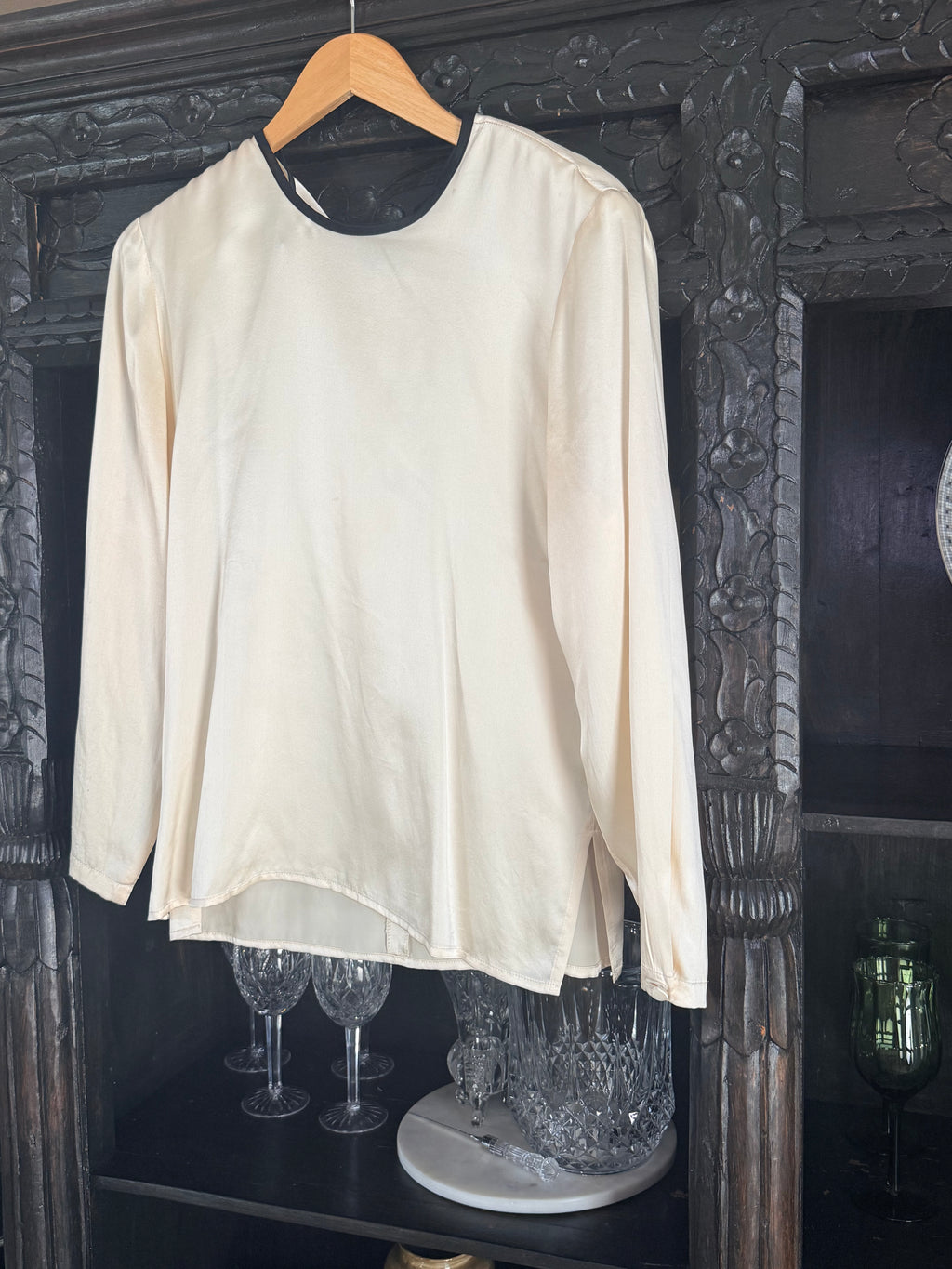 Ivory 100% Silk blouse with Black Detail Trim