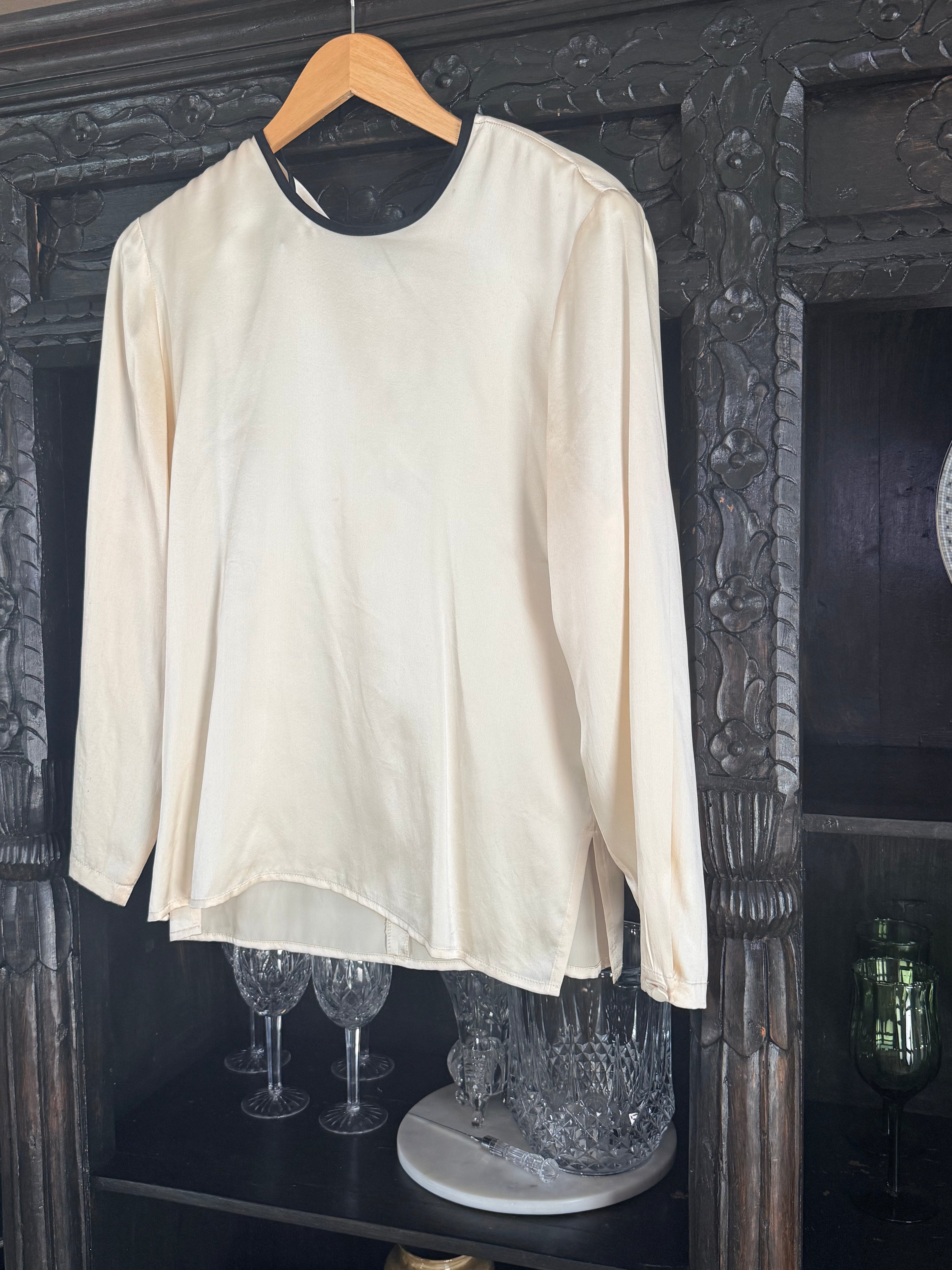 Ivory 100% Silk blouse with Black Detail Trim
