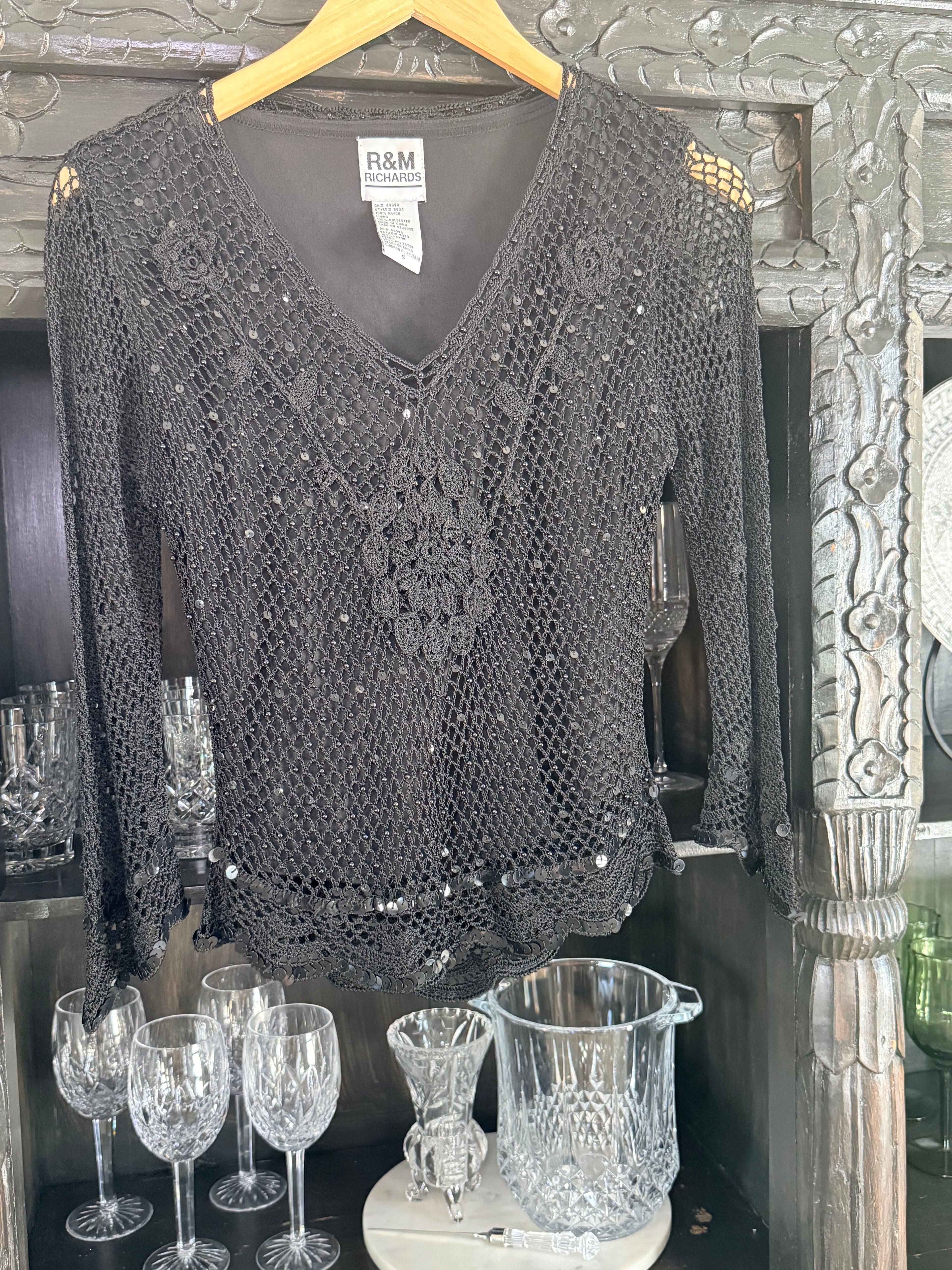 Vintage R & M Richards Tops | Black Crochet Sequin Top | Color: Black